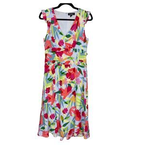 Nicole Miller Small Blue Pink Floral Oasis Silk Ruffle Midi Dress VNeck Cocktail